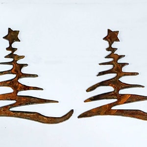 Lot Set of 2 Squiggly Christmas Tree Holiday Shapes 4 inch Rough Rusty Metal Steel Wall Art Stencil DIY Craft Sign Ornament Made in USA