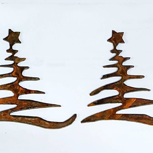 Lot Set of 2 Squiggly Christmas Tree Holiday Shapes 4 inch Rough Rusty Metal Steel Wall Art Stencil DIY Craft Sign Ornament Made in USA