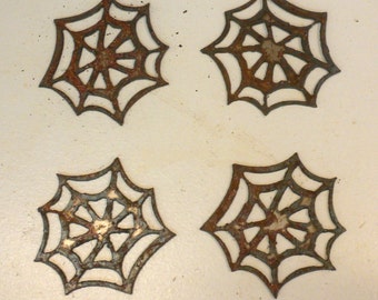 Lot Set of 4 Spider Web 3" Shape Rusty Vintage Antique-y Metal Steel Wall Art Halloween Ornament Craft DIY Sign Made in USA