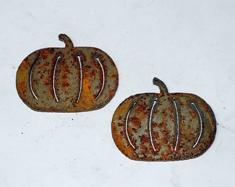 Lot Set of 2 Pumpkins 3" Shape Rusty Vintage Holiday Halloween Autumn Antique-y Metal Steel Wall Art Ornament Craft DIY Sign Made in USA