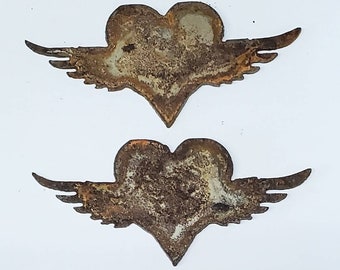 Lot Set of 2 Heart with Wings Shape 4 inch Rusty Vintage Antique-y Metal Steel Wall Art Ornament Craft Stencil DIY Sign Made in USA