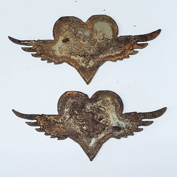 Lot Set of 2 Heart with Wings Shape 4 inch Rusty Vintage Antique-y Metal Steel Wall Art Ornament Craft Stencil DIY Sign Made in USA