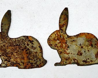 Lot Set of 2 Rabbit Bunny Shape 3 inch Rusty Vintage Antique-y Metal Steel Wall Art Ornament Craft Stencil DIY Sign Made in USA