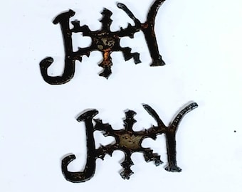 Lot Set of 2 Joy with Snowflake Christmas Holiday Word Shapes 3 inch Rusty Vintage Antique-y Metal Steel Wall Art Ornament Craft Stencil