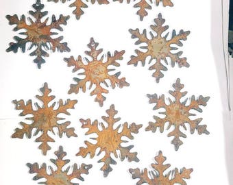 Set of 10 Rough Rusty Vintage Snowflakes 3 inch Metal Art Christmas Holiday Ornament Stencil Wind Chime Crafts DIY Sign