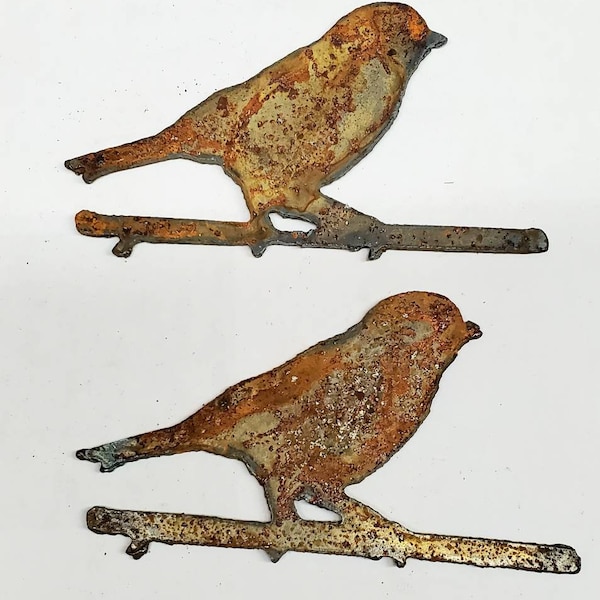 Lot Set of 2 Bird on Branch Shapes 4 inch Rusty Vintage Antique-y Metal Steel Wall Art Ornament Made in USA Craft Stencil DIY sign
