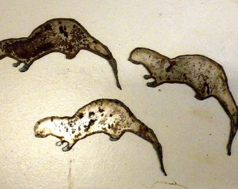 Lot of 3 Rough Rusty Sea Otters Animal Shape 3 inch Metal Art Ornament Stencil Wind Chime Craft DIY Sign Made in USA