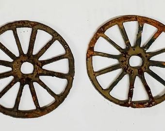 Lot of 2 Wagon Wheels 3 Inch Rough Rusty Metal Steel Wall Art Stencil Ornament Garden Yard DIY Sign Craft Made in USA