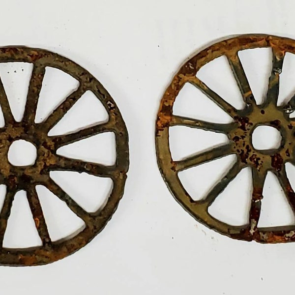 Lot of 2 Wagon Wheels 3 Inch Rough Rusty Metal Steel Wall Art Stencil Ornament Garden Yard DIY Sign Craft Made in USA