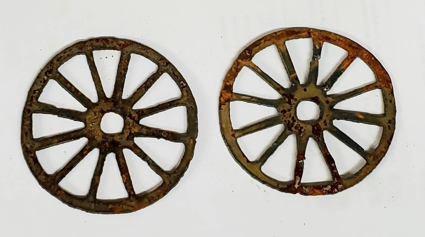 Lot of 2 Wagon Wheels 3 Inch Rough Rusty Metal Steel Wall Art Stencil Ornament Garden Yard DIY Sign Craft Made in USA