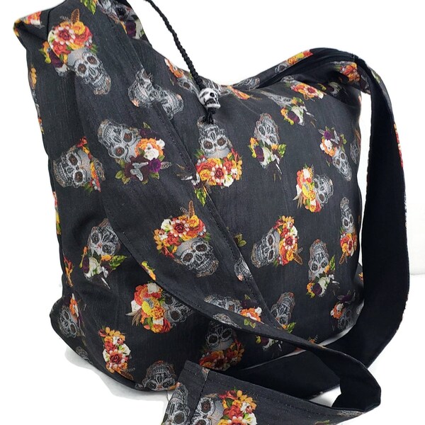 Bolso sugar skull, bolso Day of the Dead, bolso punk rock girl, bolso girl alternativo, bolso hobo con cremallera, bolso skull, bolso crossbody