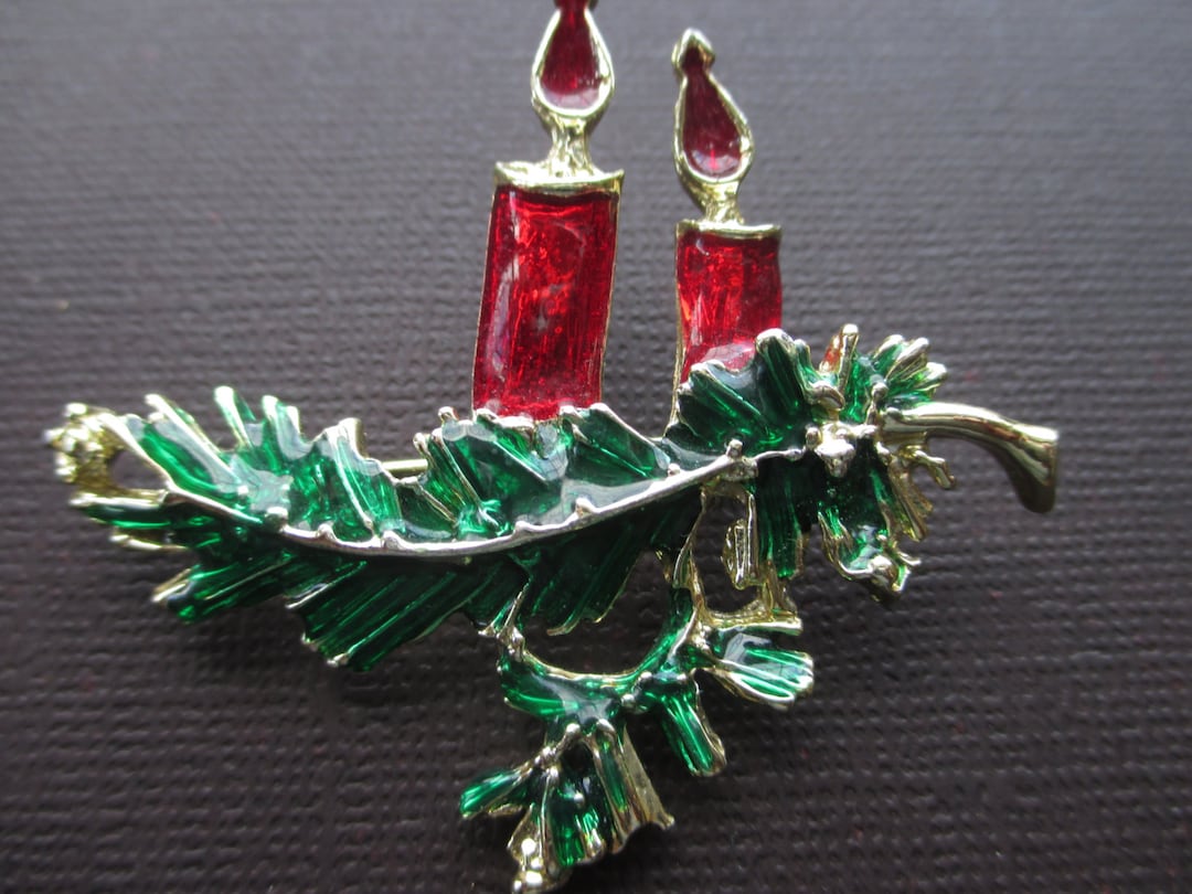 Vintage Enamel Christmas Candle Brooch. Stocking Stuffer. Etsy
