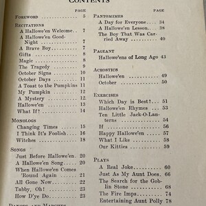 May include: A black and white printed page with the title "HANDY HELPS FOR HALLOWE'EN" and a table of contents for a book about Halloween. The table of contents lists various topics such as "Recitations", "Pantomimes", "Songs", "Dances and Marches", "Hallowe'en Suggestions", and "Money Making Ideas".