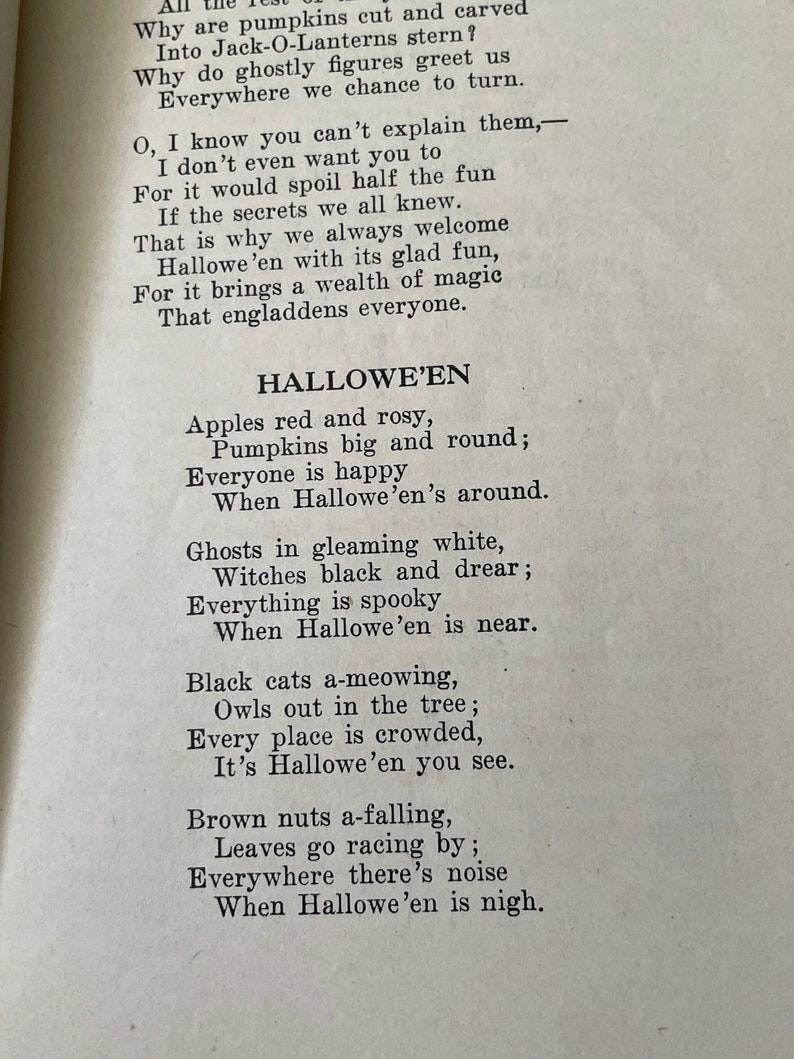 May include: A vintage poem about Halloween, with illustrations of pumpkins, ghosts, and cats. The poem describes the fun and spooky aspects of the holiday.