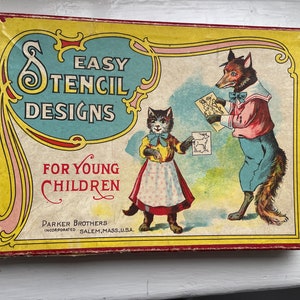 Antique Stencil Box with Cat and Dog