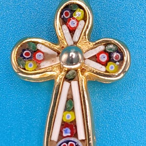 Italian Florentine Floral Micro Mosaic Cross Pendant