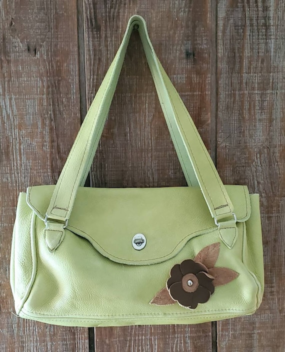 Vintage Leather Lime Green Floral Purse/Bag - image 1