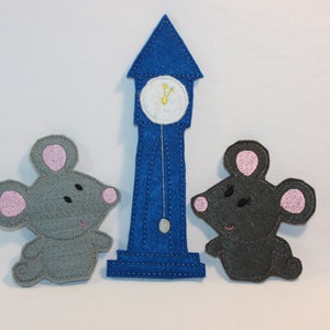 Children's Nursery Rhyme, 3 Finger Puppets, Hickory Dickory Dock, Gift for Pre-schooler, toys, birthday present, teaching aid, felt game,