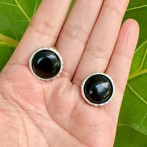 Black Onyx and Antiqued Silver Large Stud Earrings