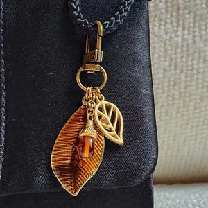 Gold & Amber Acorn Bag Charm: Nature-Themed Bronze Leaves