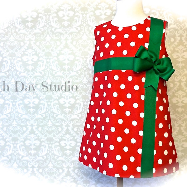 Girls Christmas Dress, Toddlers Christmas Dress, Red with White Polka Dots, Green Bow, Sizes 2T - 8 by 8thDayStudio