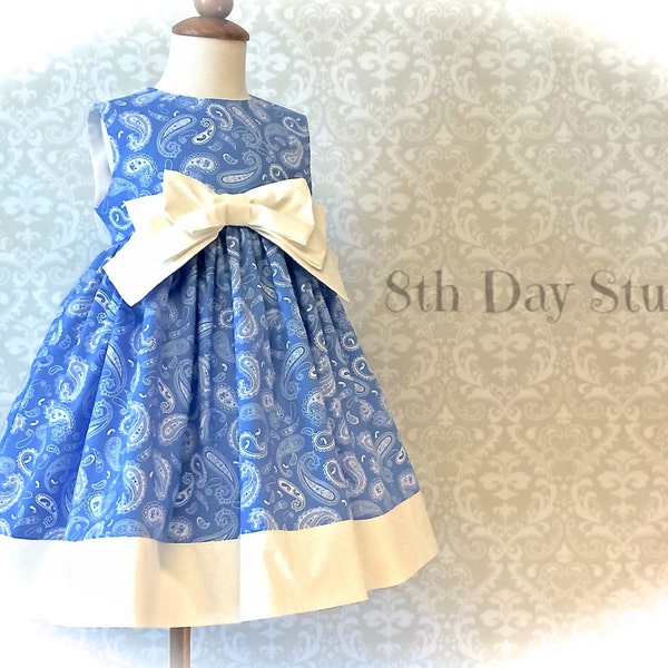 Toddler Easter Dress, Blue and White Paisley, Special Occasions, Church, Wedding, Sizes 18 mo - 4T by 8th Day Studio