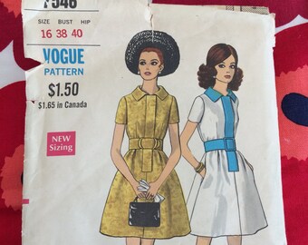 1960s 60s Original Vintage Sewing Pattern Mod One Piece Dress with Contrast Vogue 7546 Bust 38