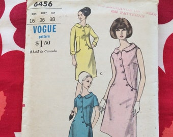 1960s 60s Original Vintage Sewing Pattern MOD Shift Dress Semi Fitted A-Line Vogue 6456 Bust 36