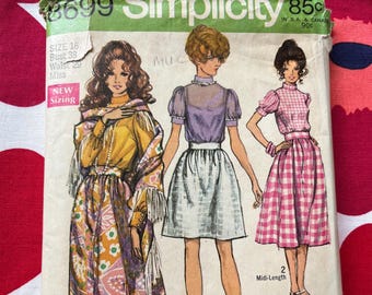 1970s Vintage Sewing Pattern Simplicity 8699 Boho Blouse Skirt Shawl- Bust 38