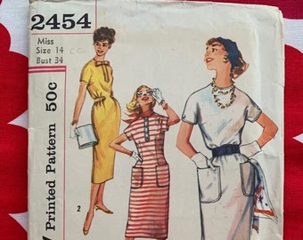 1950s Simplicity Sewing Pattern 2454: Chemise Dress, Bust 34