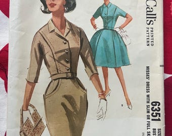1960s Vintage Sewing Pattern McCalls 6351 Full or Slim Skirt Dress Bust 40