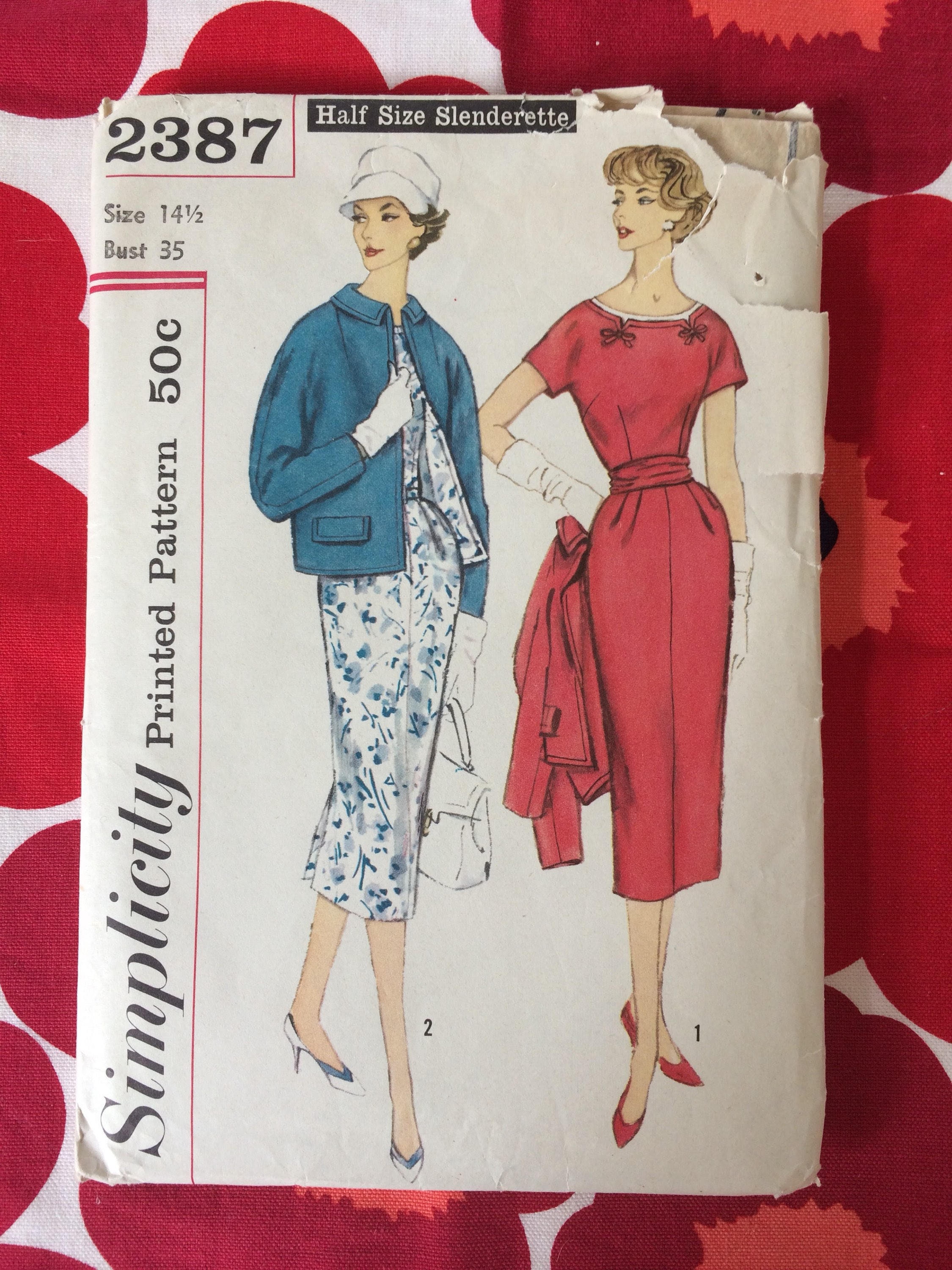 1950s 50s Pretty Day One Piece and Jacket Dress Original Vintage Sewing  Pattern Simplicity 2387 Bust 35