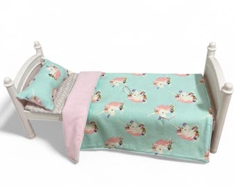 Unicorn Print Baby Doll Blanket and Pillow Set: Fits 18 Inch Dolls
