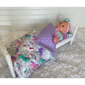 Soft Flannel Unicorn Print Baby Doll Blanket and Pillow Set with Hand-Tied Floss, Reusable Diaper and Wipes Option, Machine Washable