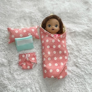 Handmade Flannel Doll Blanket and Pillow Set with Diaper & Wipes - Soft Cotton Fabric - 18 Inch Doll Accessories - Machine Washable