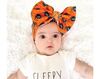 Handmade Halloween Baby Bow Headband: Spider & Candy Corn Print