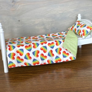 Rainbow Hearts Soft and Cozy Doll Bed Quilt and Pillow Set - Perfect for 18 Inch and Baby Dolls - Cotton and Flannel - Machine Washable -