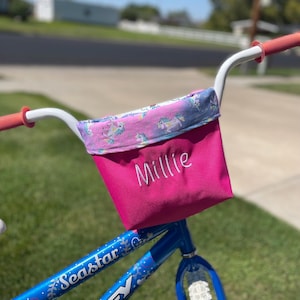 Sparkly Unicorn, Pink and Purple Treasure Storage Handlebar Bag for Bike, Scooter, Tricycle - Water Resistant Canvas, Personalized Option