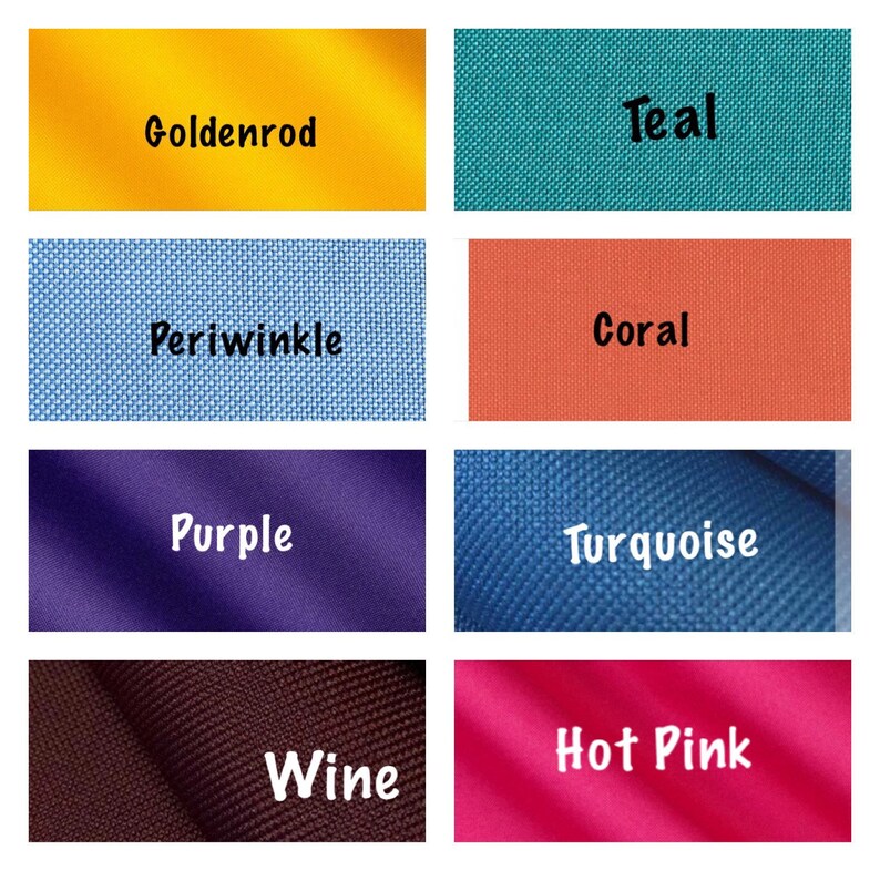 May include: A collage of eight fabric swatches in different colors and textures. The colors are: Goldenrod, Teal, Periwinkle, Coral, Purple, Turquoise, Wine, and Hot Pink.