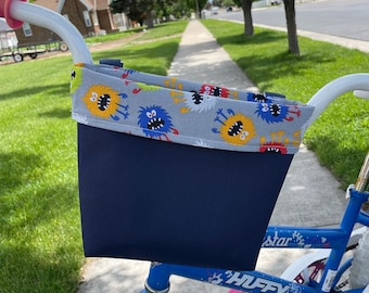 Monster Print Handlebar Bag: Water Resistant Canvas Bike, Scooter, Tricycle Bag