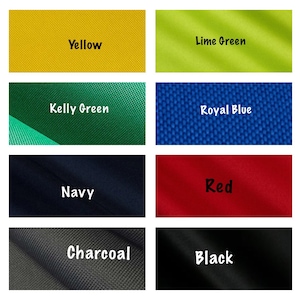 May include: A collection of fabric swatches in various colors, including yellow, lime green, kelly green, royal blue, navy, red, charcoal, and black.