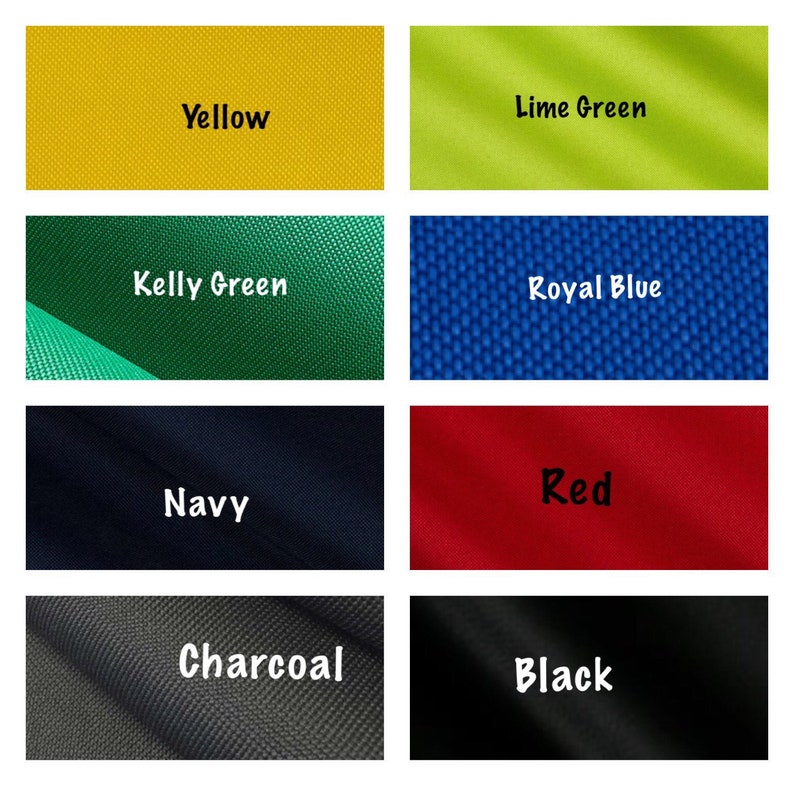 May include: A collection of fabric swatches in various colors, including yellow, lime green, kelly green, royal blue, navy, red, charcoal, and black.
