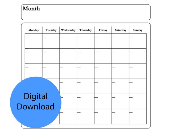 monthly blank calendar page template with month title digital etsy ireland