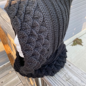 May include: A black crocheted hooded cowl with a textured, scale-like pattern.