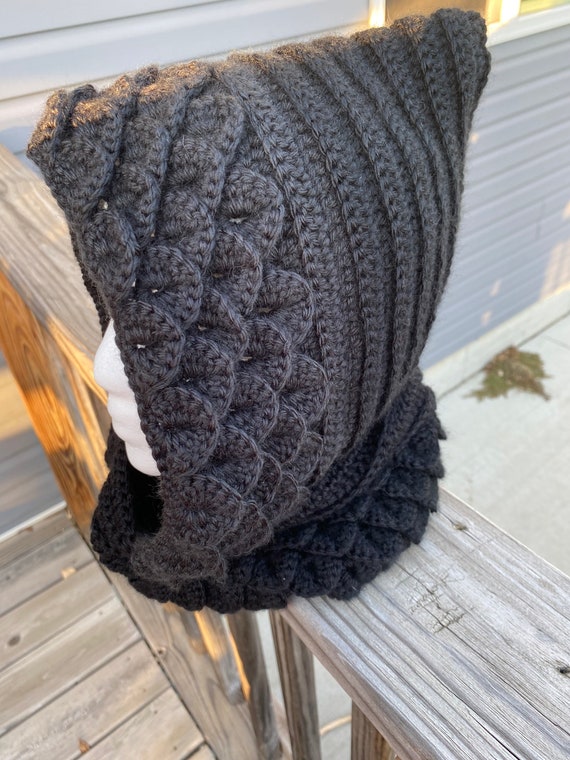 Crochet hooded cowl, whimsigothic fashion, festival accessories women, dragon scale cowl, cosplay hood, LARP accessories, unique gifts for