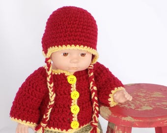 Baby Doll Clothes  Crochet Baby Doll Clothes  Crochet Baby Doll Red Yellow Cardigan Sweater Ear Flap Hat Boots Tan Boots Baby Doll Clothing