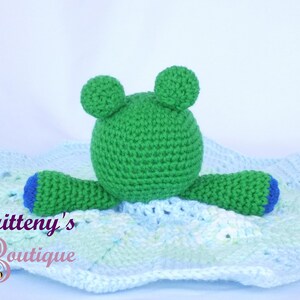 Baby Lovey Crochet Baby Lovey Crochet Plush Green Frog Baby Boy Blue Security Blanket Snuggle Blanket Baby Shower Gift 17 inches image 5