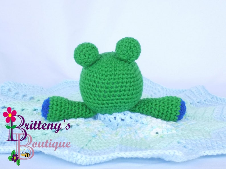 Baby Lovey Crochet Baby Lovey Crochet Plush Green Frog Baby Boy Blue Security Blanket Snuggle Blanket Baby Shower Gift 17 inches image 5