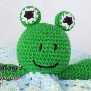 Baby Lovey Crochet Baby Lovey Crochet Plush Green Frog Baby Boy Blue Security Blanket Snuggle Blanket Baby Shower Gift 17 inches image 2