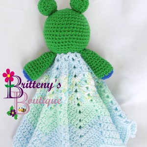 Baby Lovey Crochet Baby Lovey Crochet Plush Green Frog Baby Boy Blue Security Blanket Snuggle Blanket Baby Shower Gift 17 inches image 8
